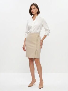 ABSOLU Paris Beige Pencil Skirt Logo Hardware Detail Size 42 Made In France